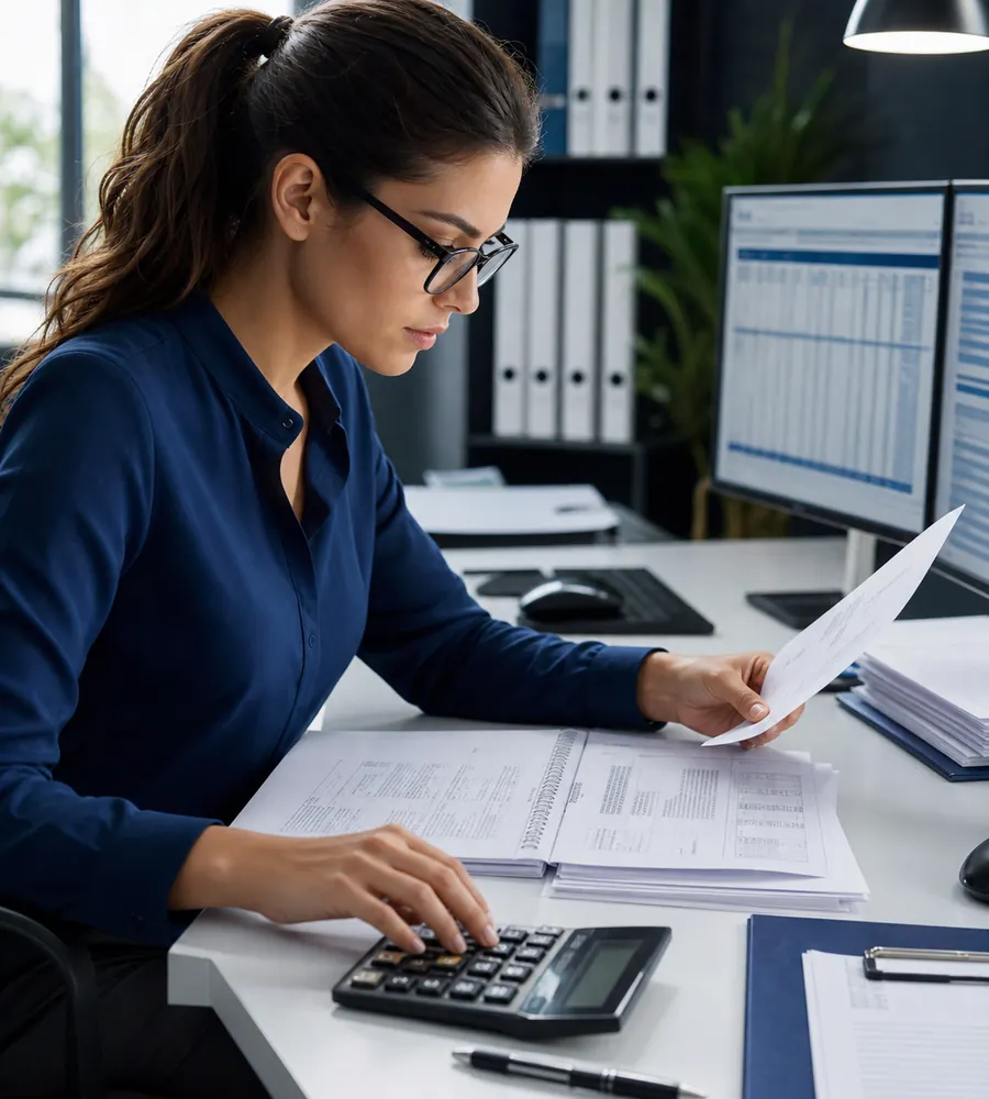 Accounting professional reconciling financial records at a workstation