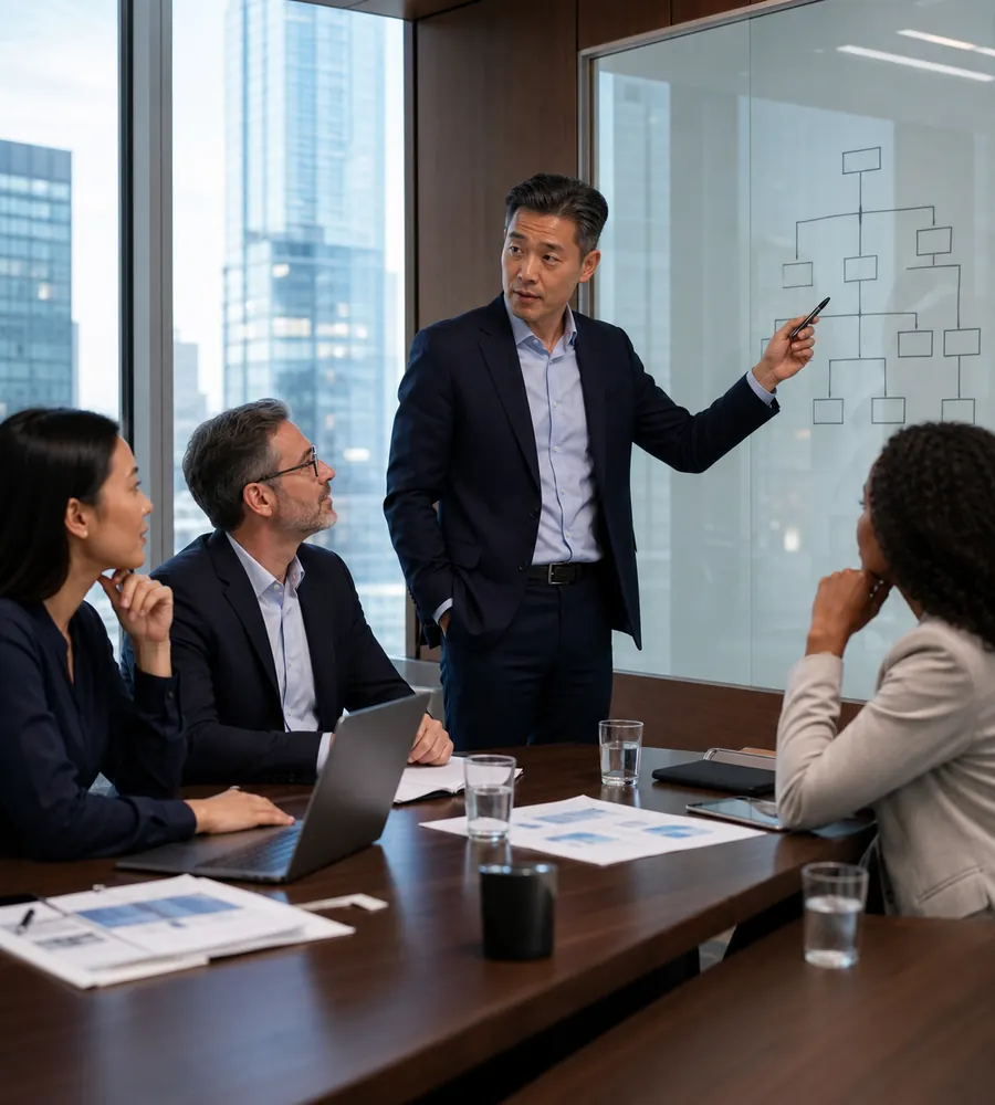 Leadership team evaluating company structure and expansion decisions