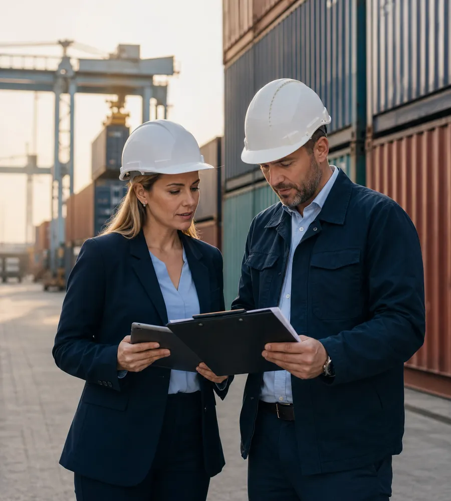 Trade advisor and logistics manager checking shipment documents