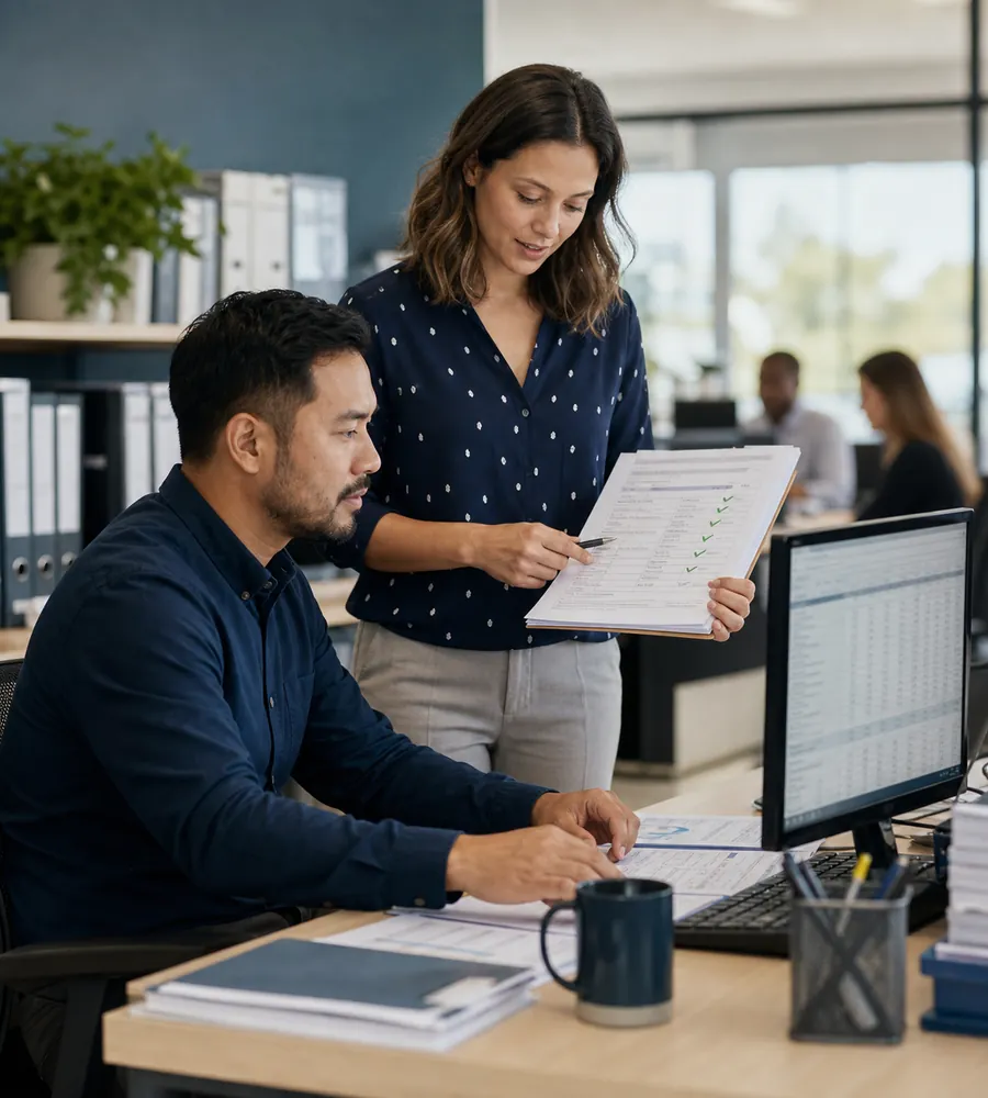 Payroll specialists validating employee records and approvals