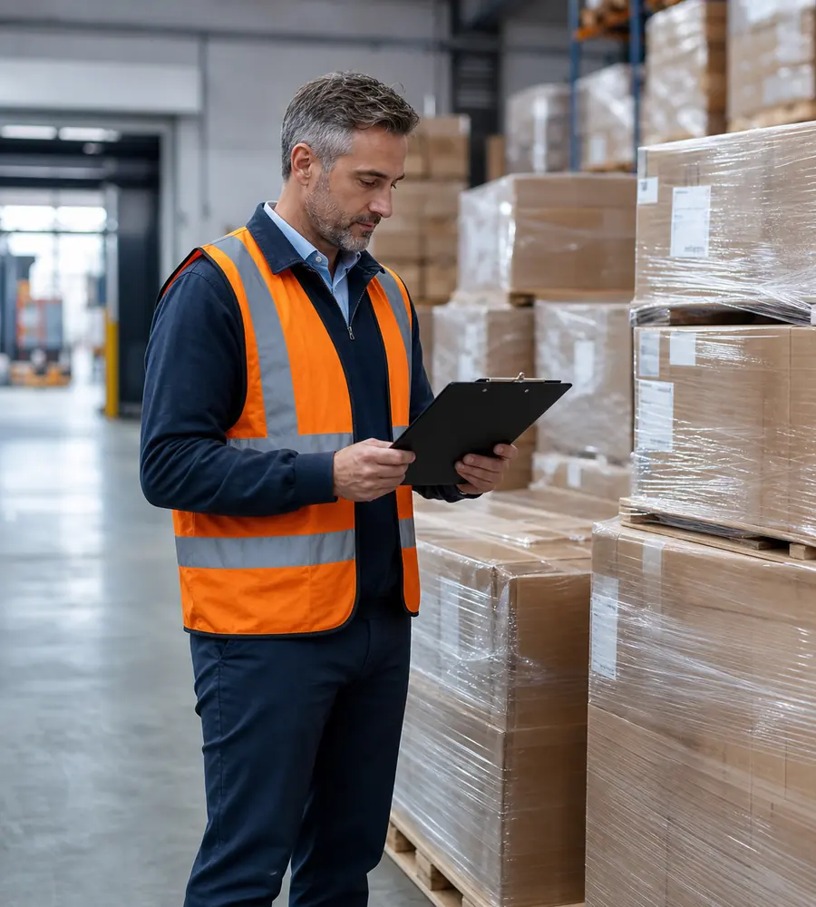 Trade compliance specialist inspecting warehouse shipments